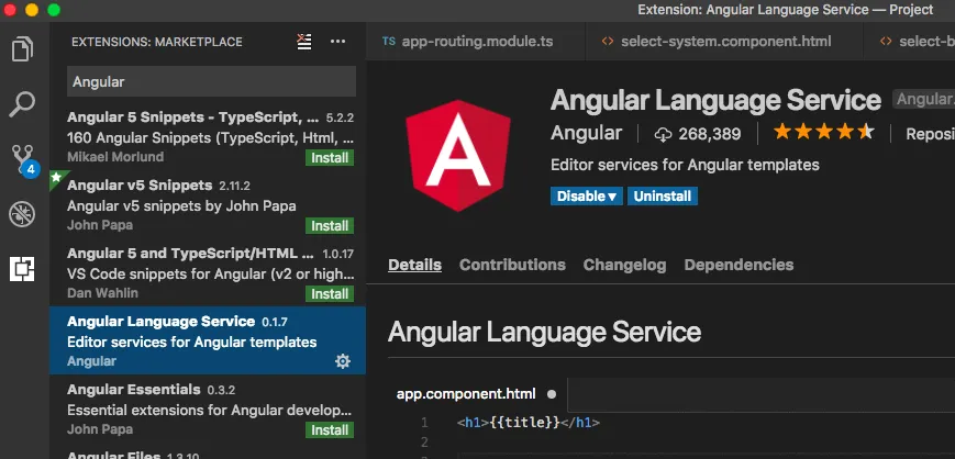 在 VSCode 中安裝 Angular Language Service 後的畫面