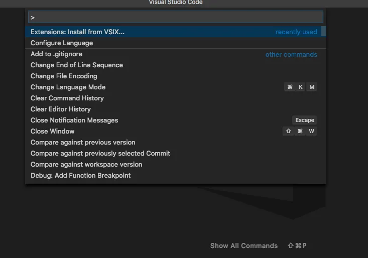 在 VSCode 指令列輸入 install from VSIX 的畫面