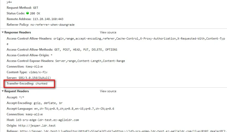 瀏覽器開發者工具顯示伺服器回應標頭 Transfer-Encoding: chunked 的截圖