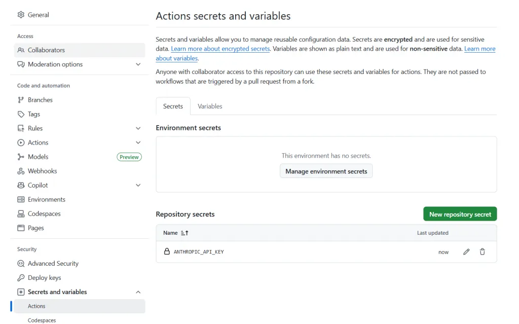 在 GitHub 設定 Anthropic API Key