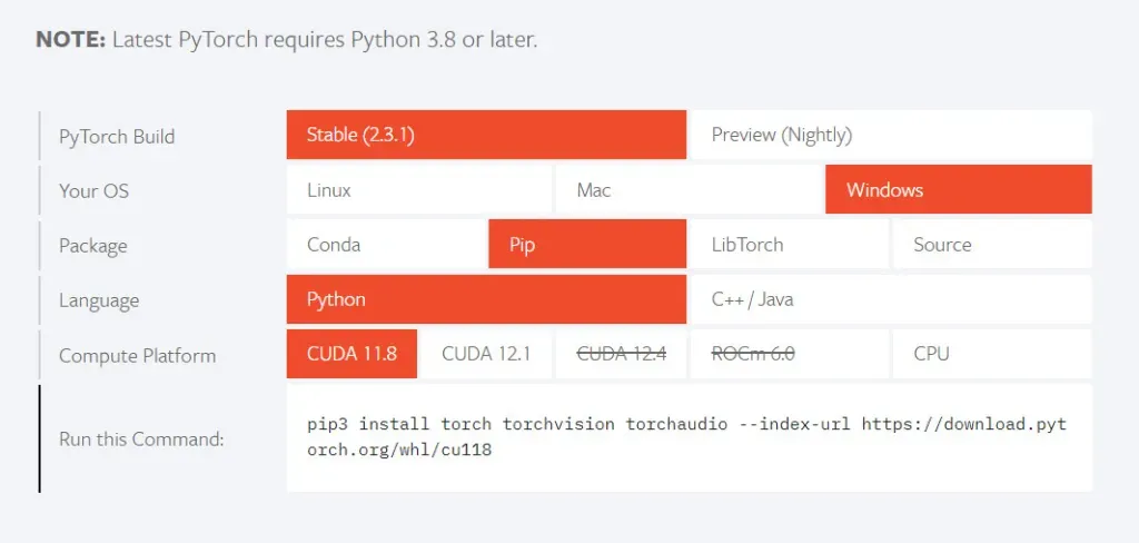 PyTorch 官網顯示支援的 CUDA 版本