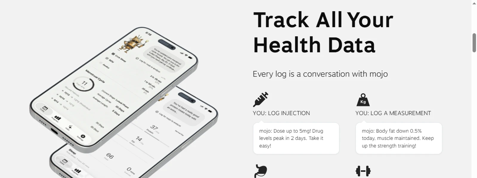 mojo App 官方網站截圖,左側是兩支手機的介面,右側標題為 Track All Your Health Data