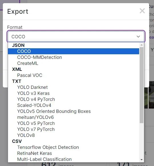 Roboflow 支持的輸出格式截圖
