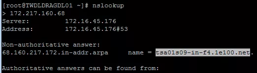 nslookup 以 IP 反查網址的執行結果