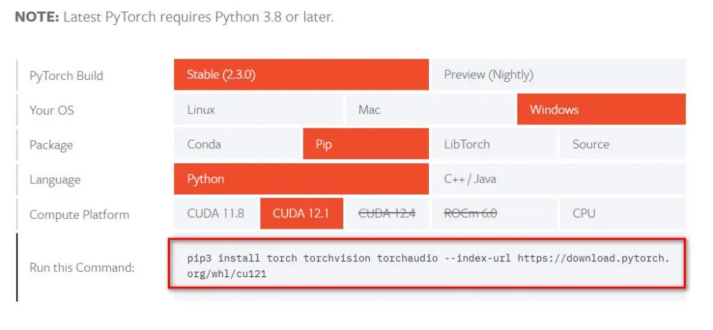 GPU 版 PyTorch 安裝設定畫面