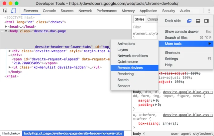 Chrome DevTools 的 Remote devices 入口