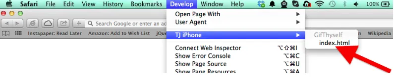 Safari 開發選單列出連線的 iDevice 與頁面
