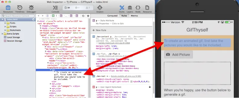 Safari Web Inspector 的偵錯畫面