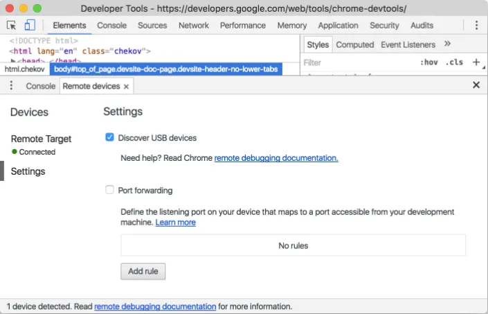 DevTools Settings 頁面中勾選 Discover USB devices 的畫面截圖