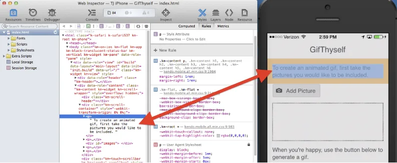 Safari Web Inspector 針對 iOS 頁面進行偵錯的畫面截圖