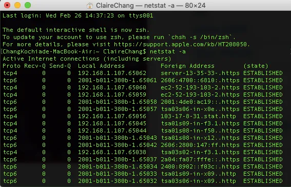 netstat -a 列出所有連接埠的輸出結果