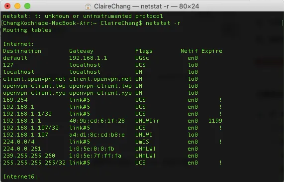 netstat -r 顯示系統路由表
