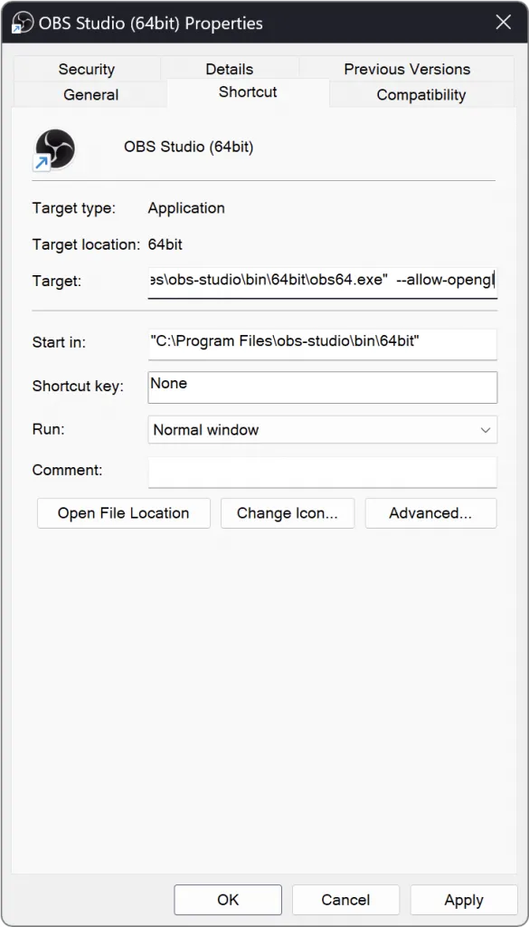 在 Windows 捷徑的目標欄位中，於 obs64.exe 路徑後面添加啟動參數