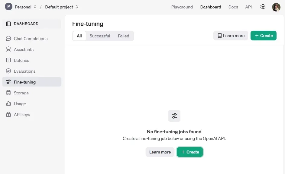 OpenAI 微調頁面，按 + Create 開始建立微調任務