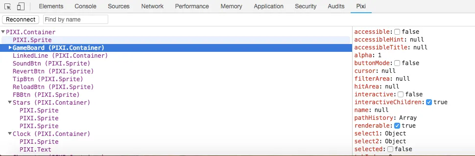 PixiJS devtools 顯示場景上所有繪圖元件