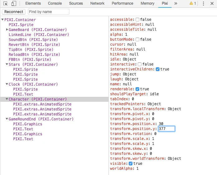 PixiJS devtools 的屬性面版可以動態調整物件屬性