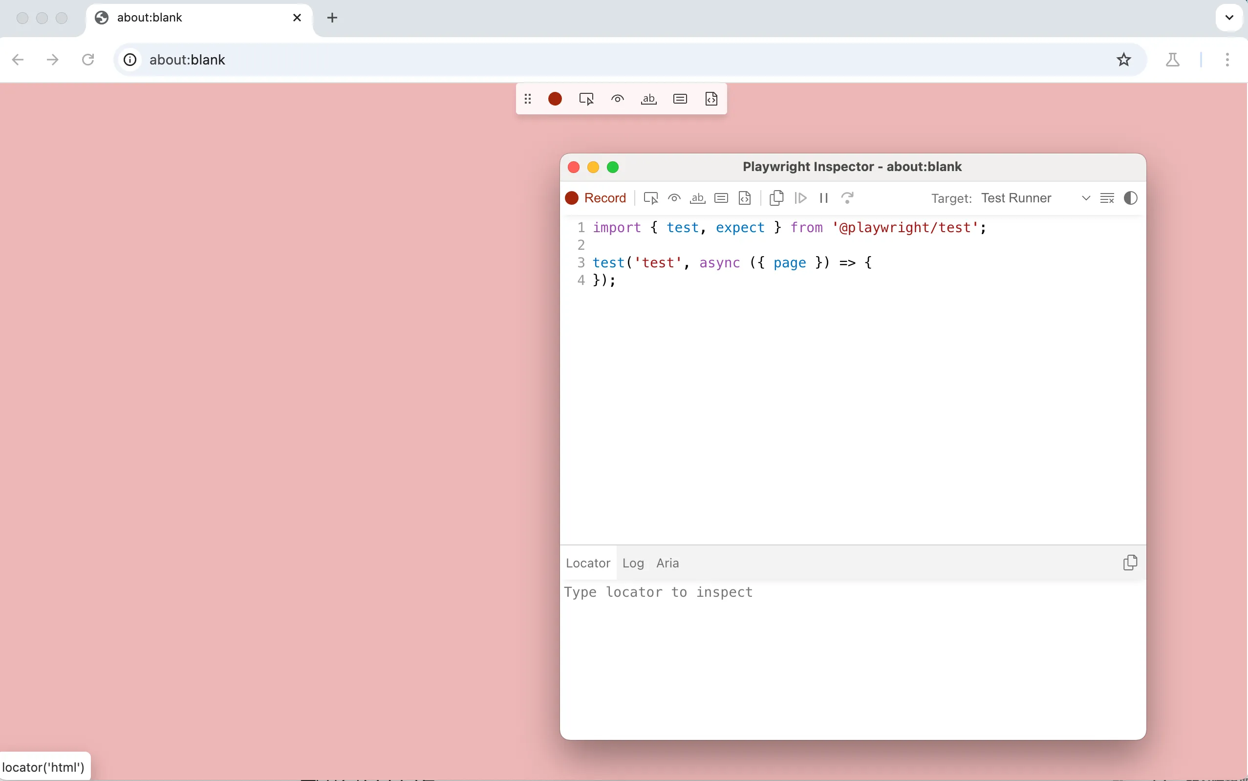 Playwright Codegen 錄製介面，左側瀏覽器操作、右側即時產生程式碼