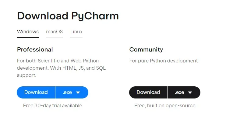 PyCharm 官方下載頁面截圖，左邊為付費版、右邊為免費版