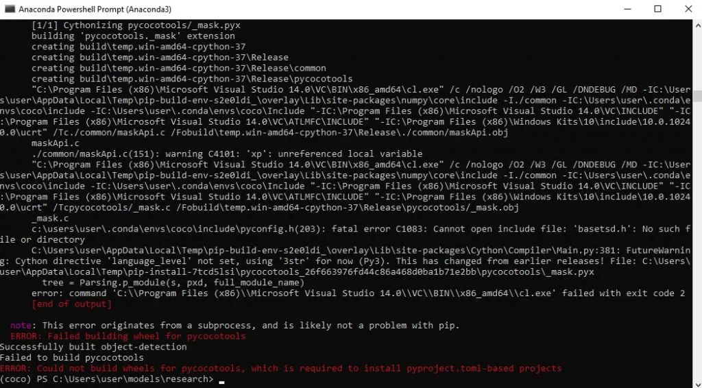 安裝 object_detection 時出現 opencv-python wheel 建置失敗的錯誤訊息截圖