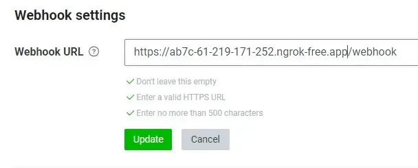 在Line Console的Webhook settings填入ngrok產生的公開網址