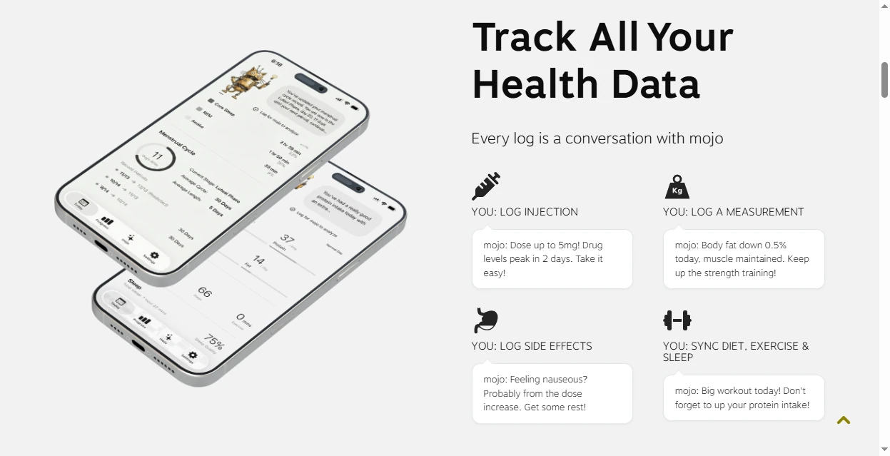 mojo App 官方網站畫面,標題為 Track All Your Health Data,左側是兩支手機的介面截圖,右側以對話框示範記錄注射、記錄量測、記錄副作用,以及同步飲食、運動與睡眠時 mojo 的回饋