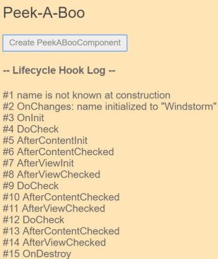 Angular Peek-a-boo lifecycle hooks 範例執行結果
