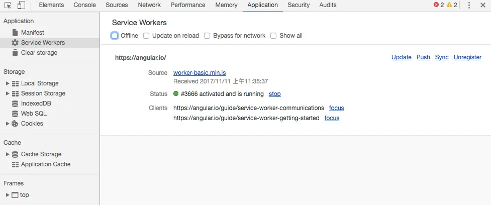 Chrome DevTools Application 面板中的 Service Worker 運行狀態