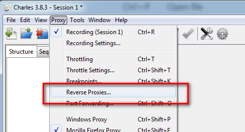 Charles Proxy 的 Proxy 選單中可以找到 Reverse Proxies 設定