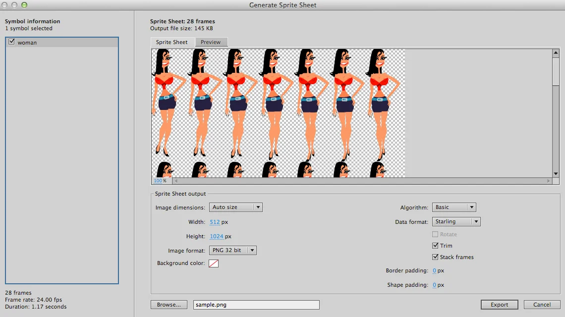 Flash CC 匯出 Sprite Sheet 的設定視窗