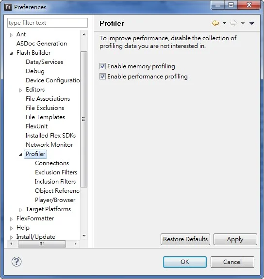 Flash Builder Profile 設定畫面，兩個 enable 選項