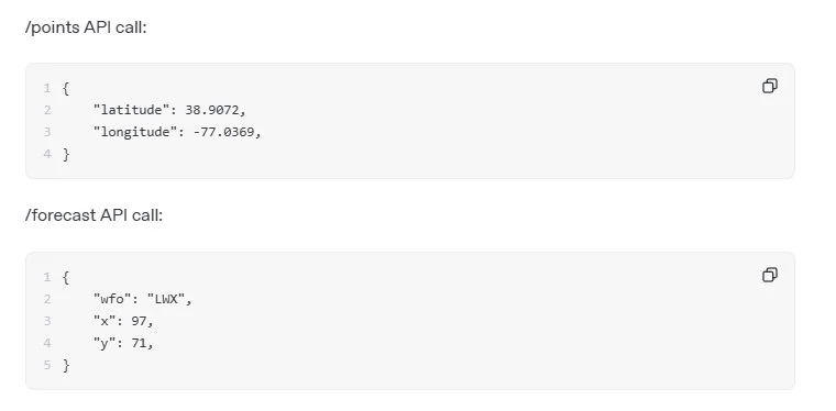 weather.gov 的 points 與 forecast API 呼叫範例