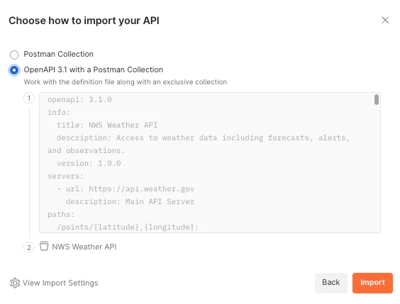 Postman 匯入 OpenAPI schema 的選項畫面