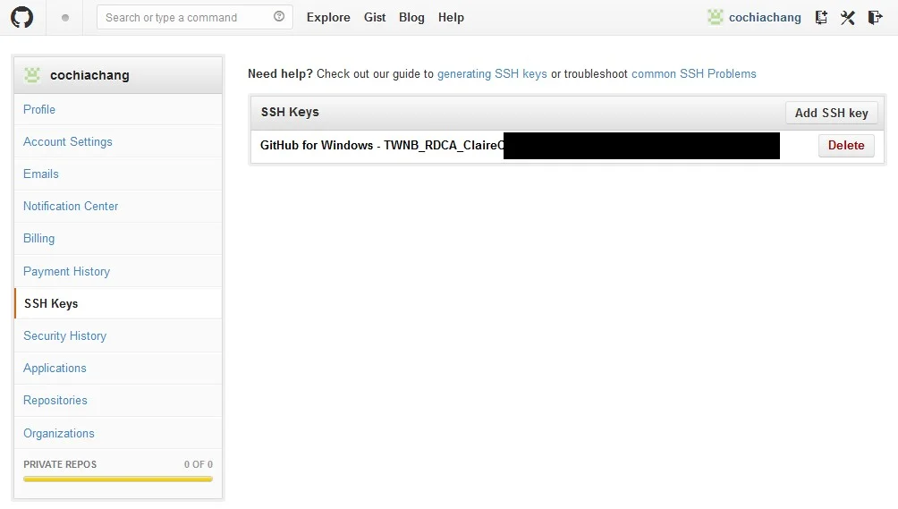 GitHub 網站上檢視已連接 SSH Key 的畫面