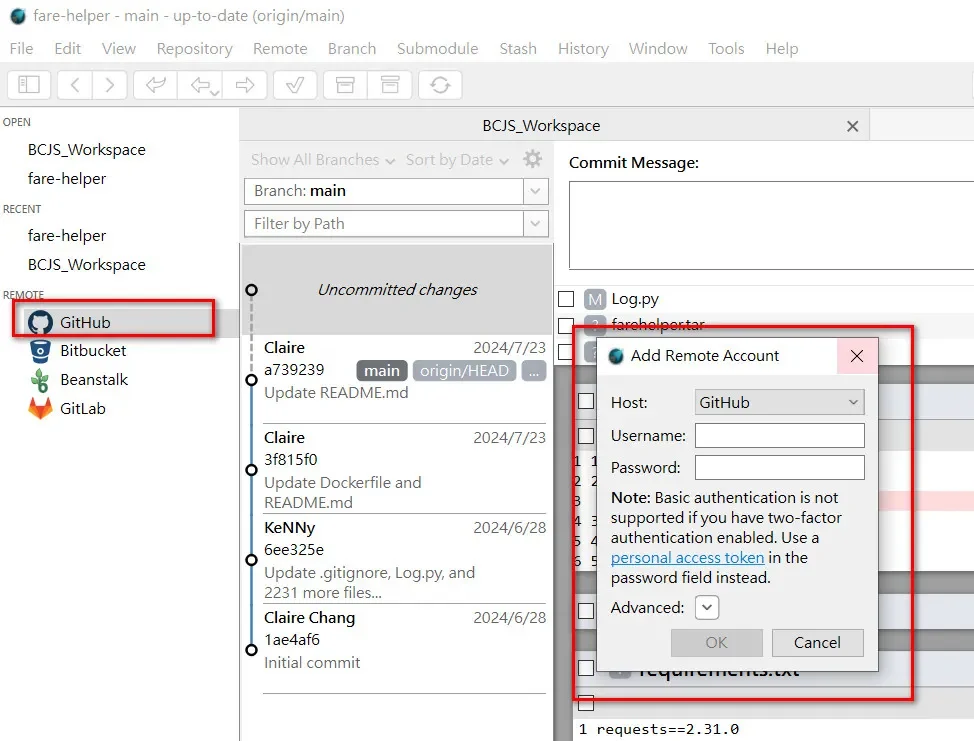 GitAhead Add Remote Account 視窗中,Password 欄位應填 Personal Access Token
