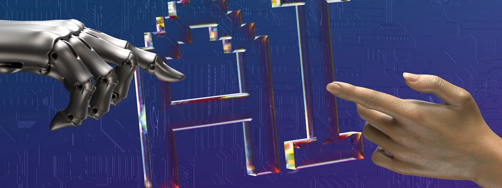 機器手與人類手指向 AI 字樣的科技概念圖