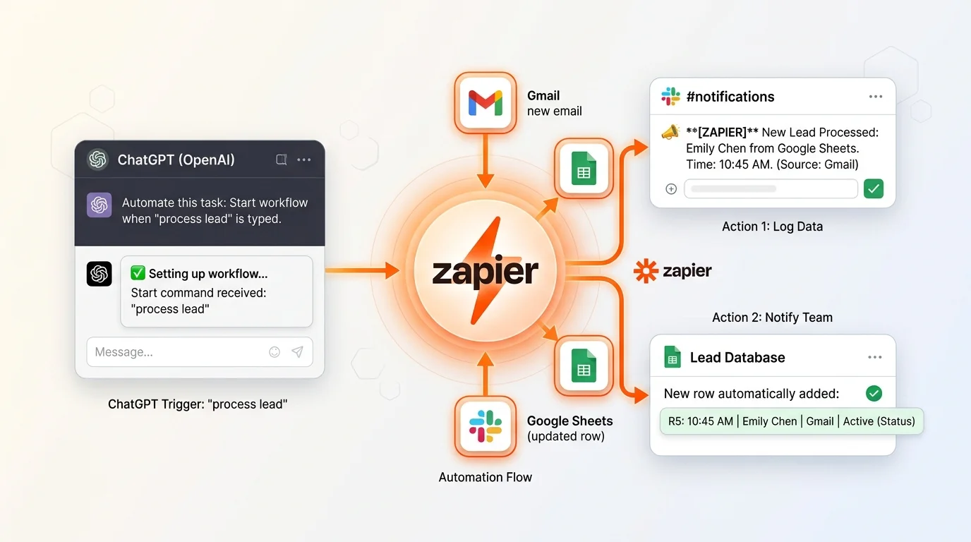 筆電前方貼滿任務便利貼，象徵 ChatGPT 透過 Zapier 串接外部服務與自動化流程