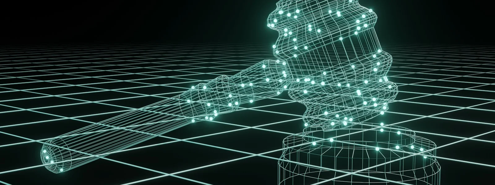 數位線框法槌，象徵歐盟 AI 法案對 AI 系統風險分級與治理要求