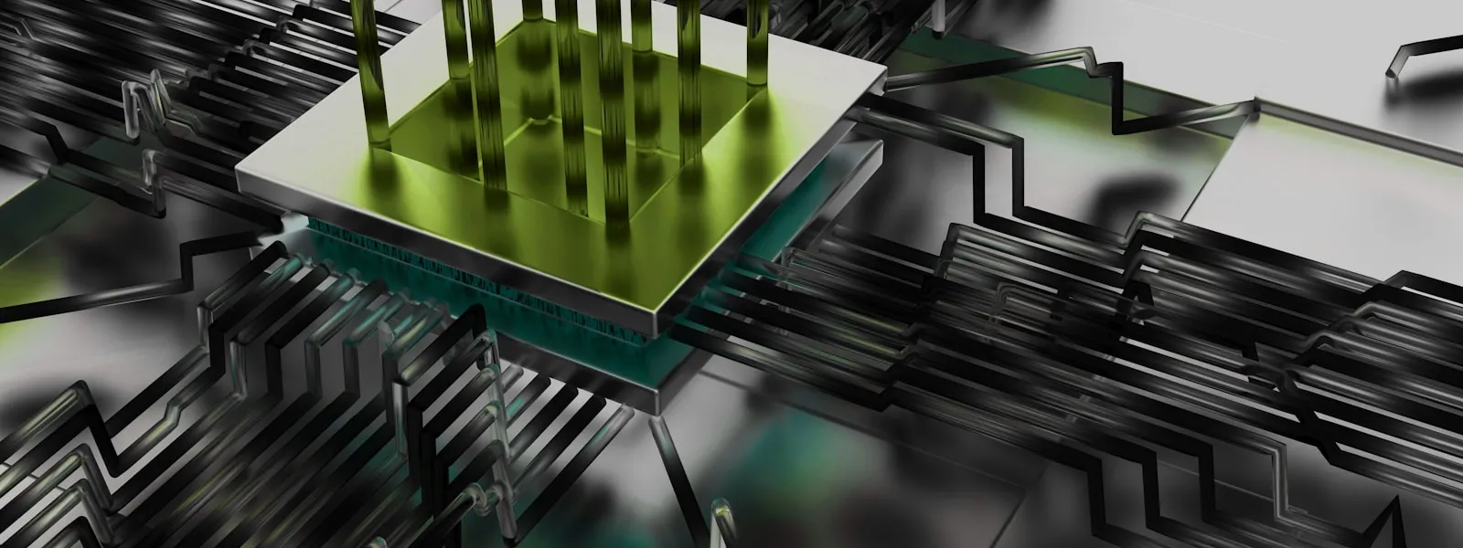 晶片與電路板的 3D 示意圖，代表 GPU 運算與 FlashAttention 加速