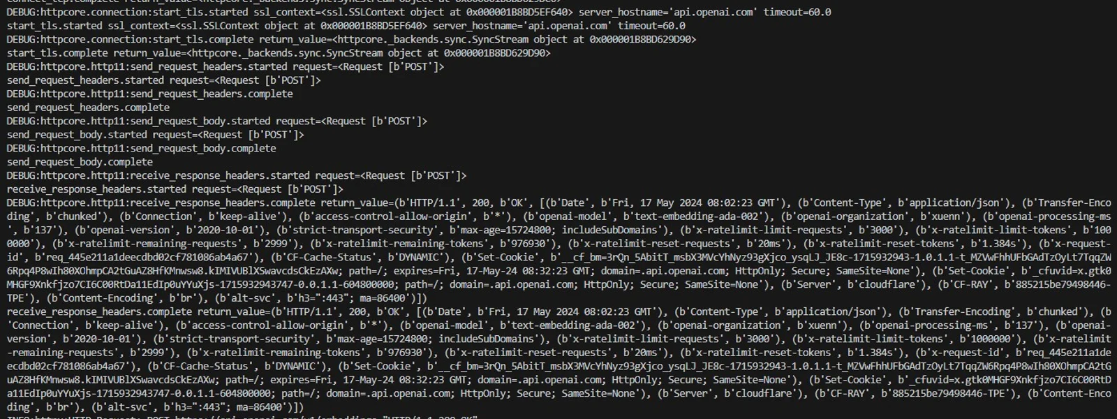 終端機顯示 Python API 除錯紀錄,象徵 Python 專案虛擬環境與套件管理