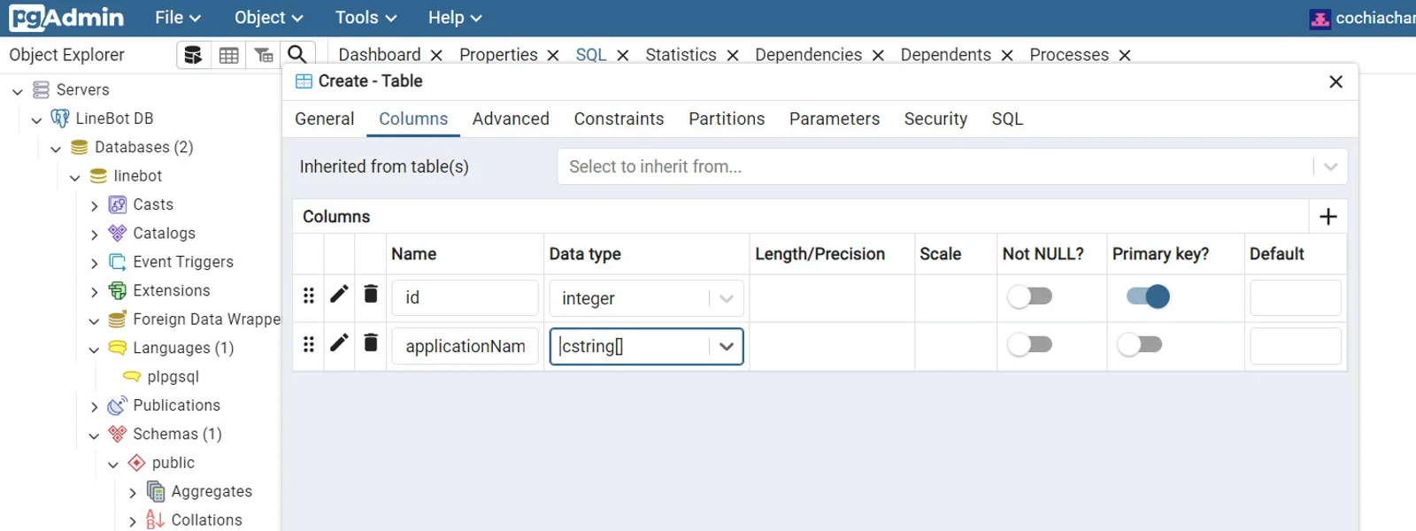 pgAdmin 建立 PostgreSQL 資料表欄位的操作畫面