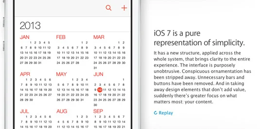 iOS 7 內建日曆 App 的簡化介面，展示去除擬物化裝飾後的乾淨版面