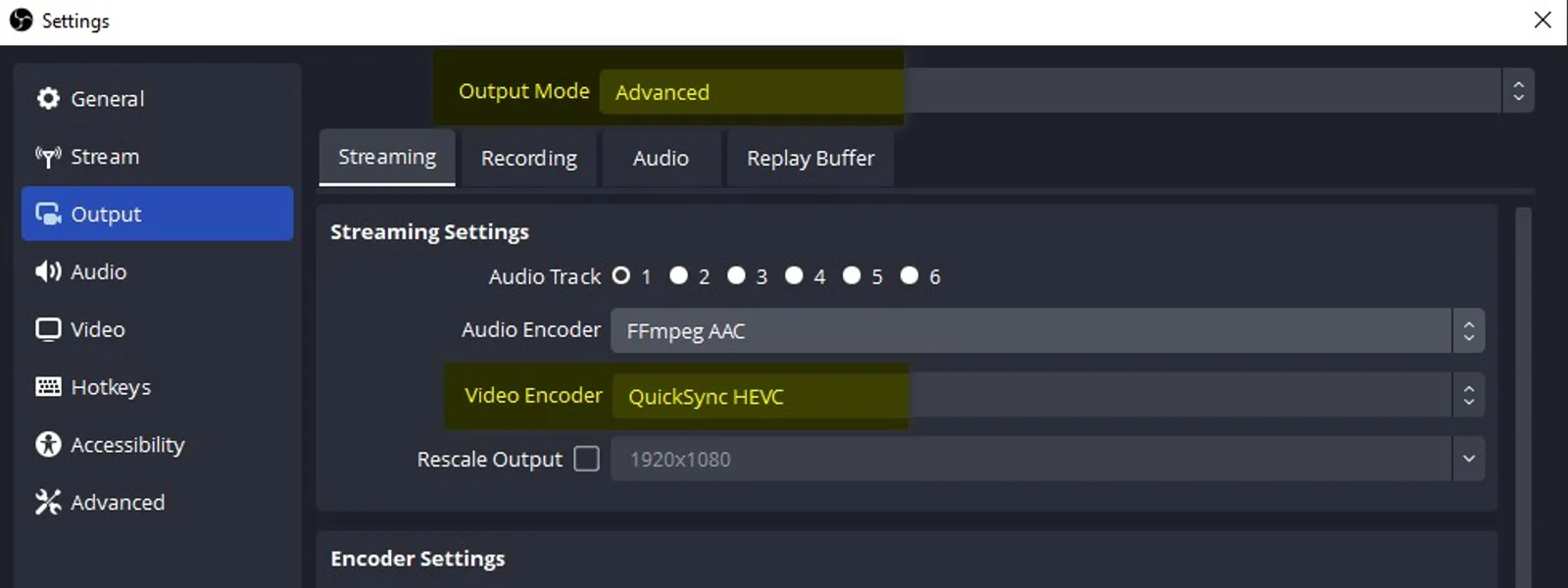 OBS Studio 設定視窗中將 Video Encoder 選為 QuickSync HEVC