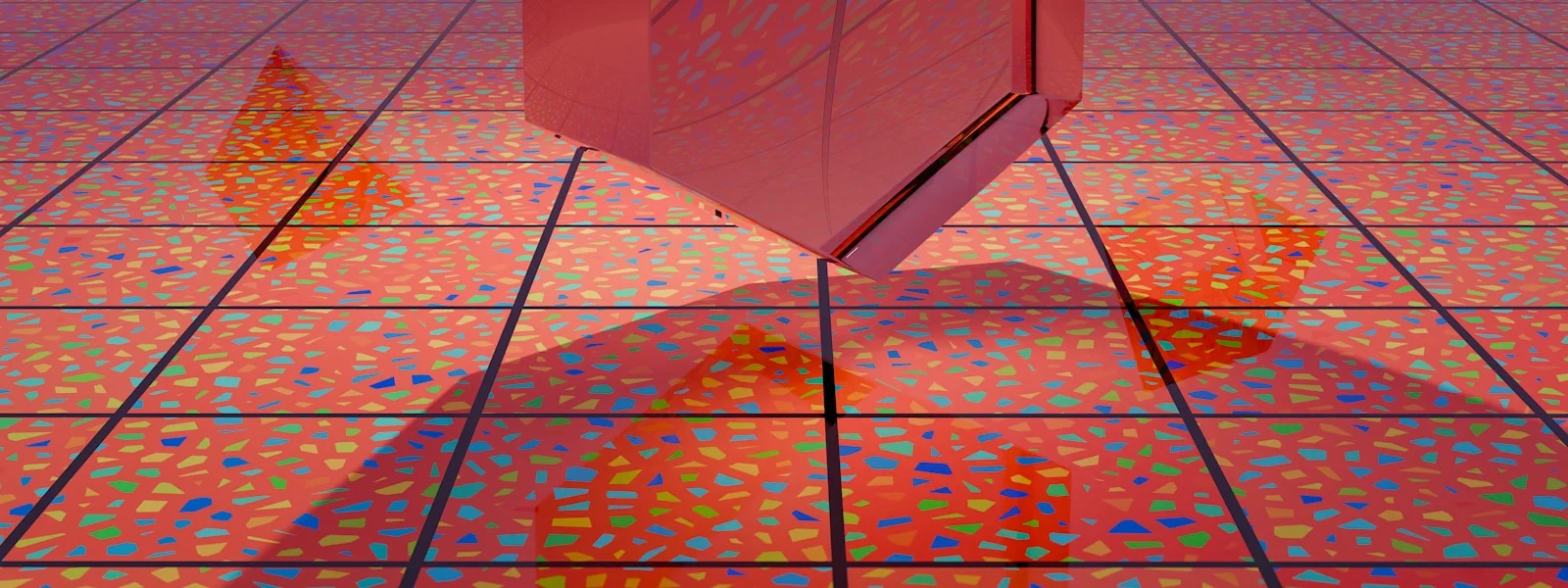 A computer generated image of a red object on a tiled floor