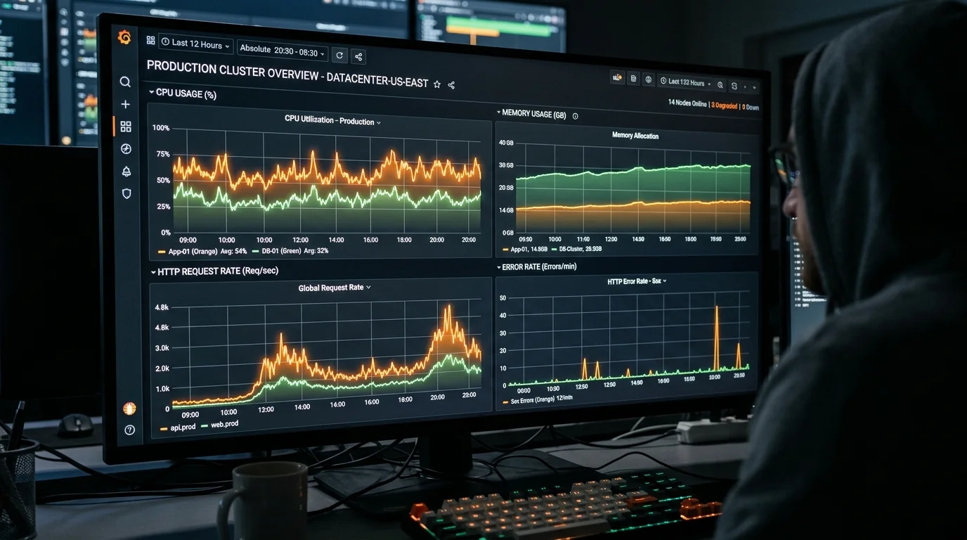 筆電螢幕顯示效能分析圖表，象徵 Prometheus 與 Grafana 監控資料視覺化