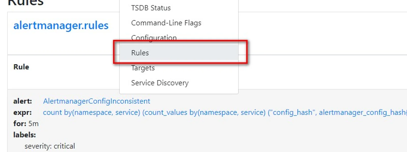 Prometheus Web UI 顯示 Rules 頁籤與 alertmanager rules