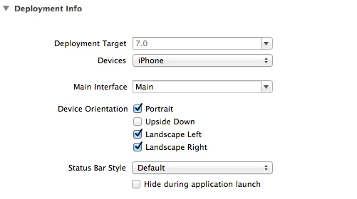 iOS 專案設定畫面中的 Device Orientation 勾選項目
