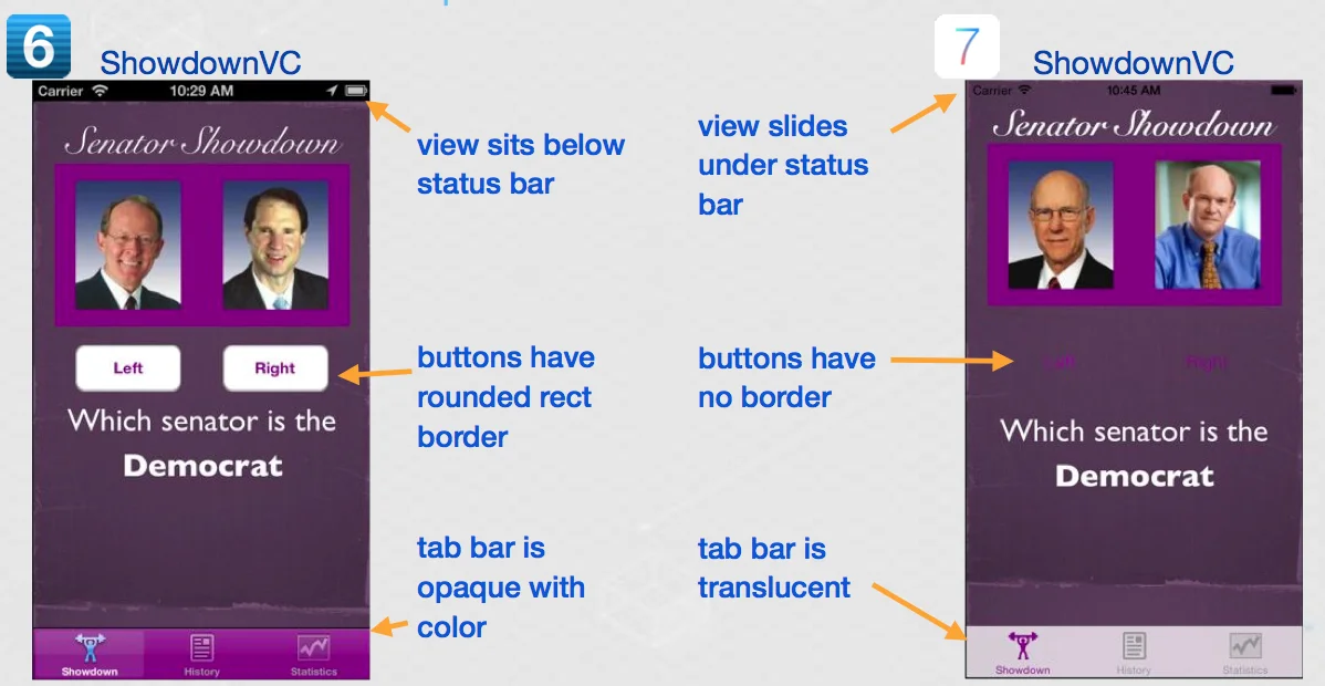 iOS 6 與 iOS 7 同一畫面在狀態列、按鈕與 tab bar 上的視覺差異對照