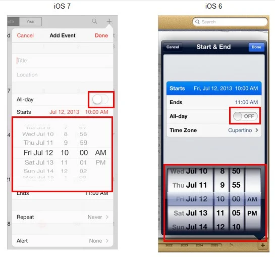 iOS 7 與 iOS 6 的 switch 元件與日期選擇器樣式對照