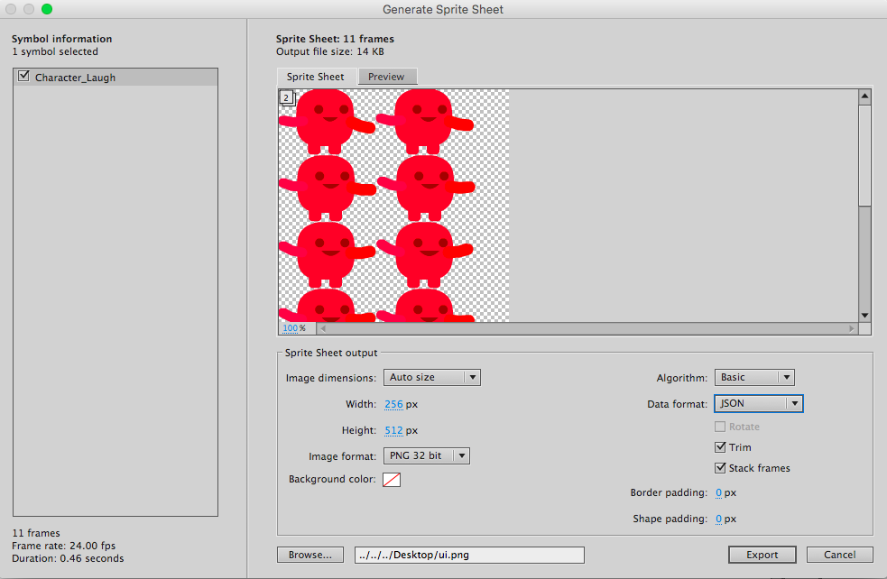 Adobe Animate 匯出動畫 SpriteSheet 設定頁面