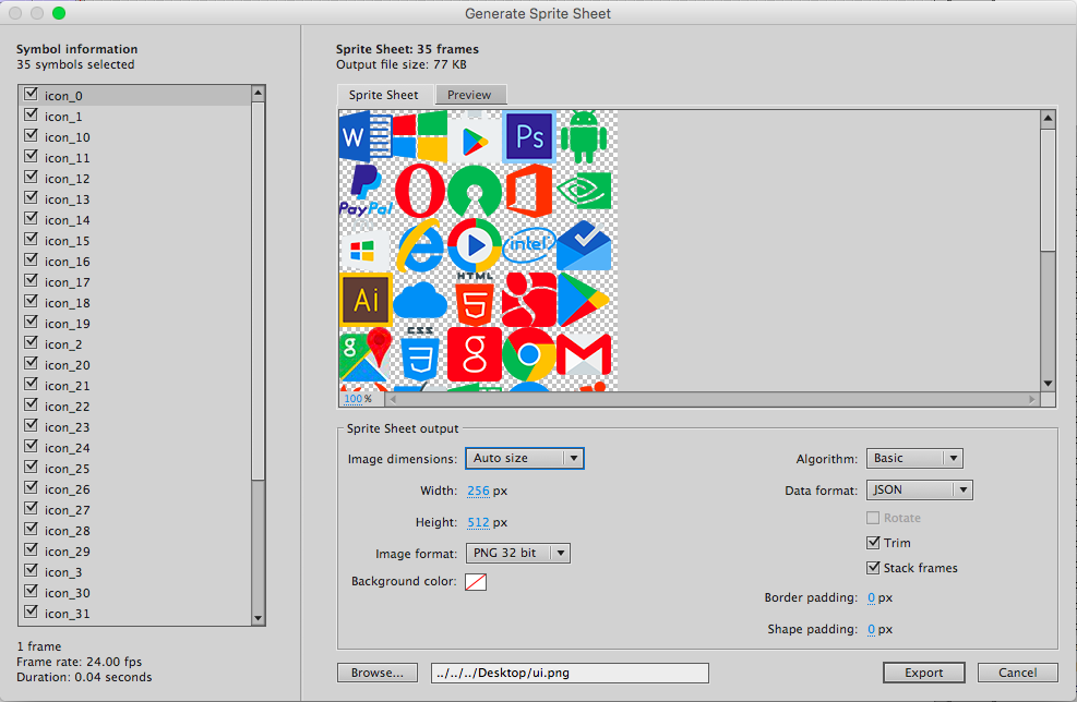 Adobe Animate 多圖匯出 SpriteSheet 設定頁面